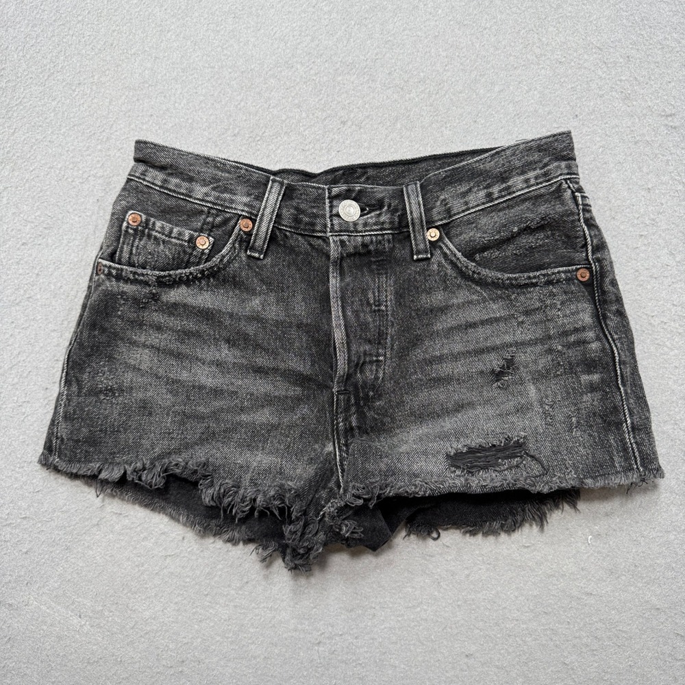Levi's 501 Shorts Women's 24 Black Denim Button Fly High Rise Cut Off Distressed